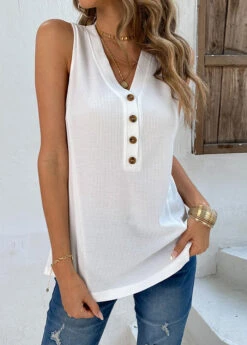 White Button V Neck Tank Top -OLALA Clothing Shop 330092 P 1679638059320