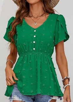 Green Button Short Sleeve V Neck Blouse 8 Green Button Short Sleeve V Neck Blouse -OLALA Clothing Shop 330135 P 1679565000275