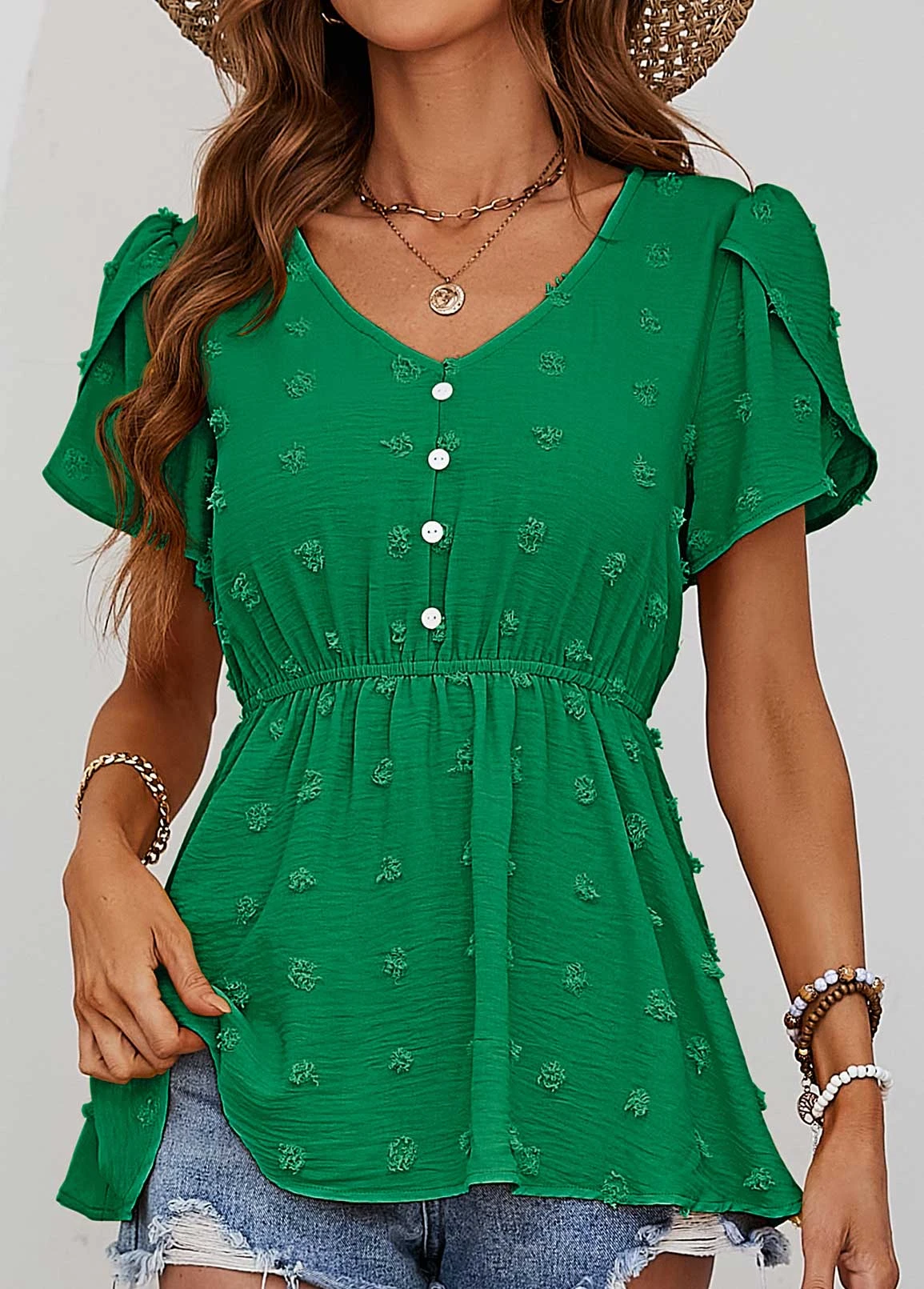 Green Button Short Sleeve V Neck Blouse 5 Green Button Short Sleeve V Neck Blouse - Image 3