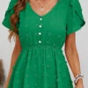 Green Button Short Sleeve V Neck Blouse -OLALA Clothing Shop 330135 P 1679565000589