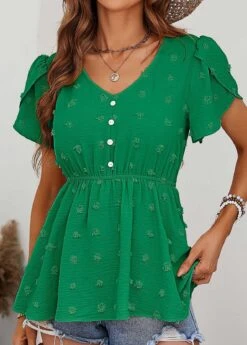 Green Button Short Sleeve V Neck Blouse 9 Green Button Short Sleeve V Neck Blouse -OLALA Clothing Shop 330135 P 1679565001557
