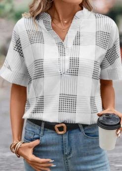 Grey Split Plaid Short Sleeve Blouse 10 Grey Split Plaid Short Sleeve Blouse -OLALA Clothing Shop 330289 P 16833633939100