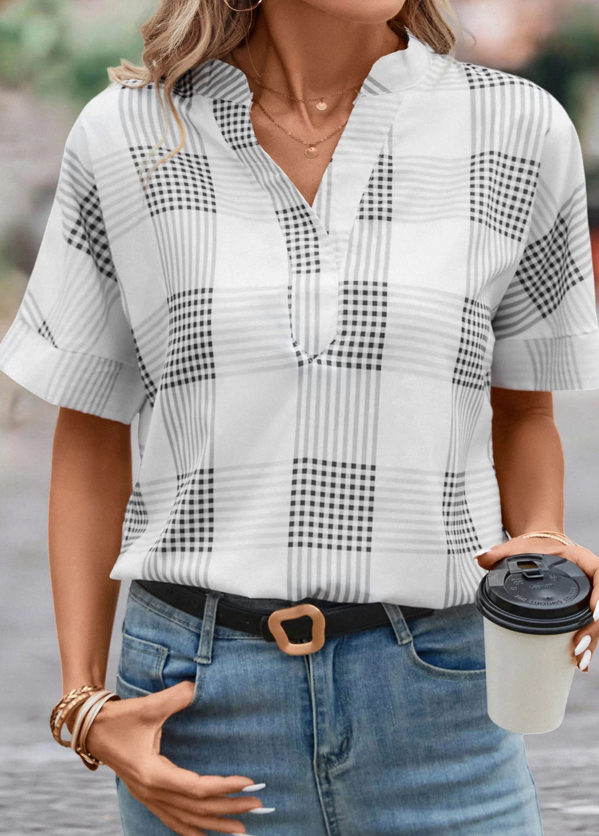 Grey Split Plaid Short Sleeve Blouse 5 Grey Split Plaid Short Sleeve Blouse - Image 3