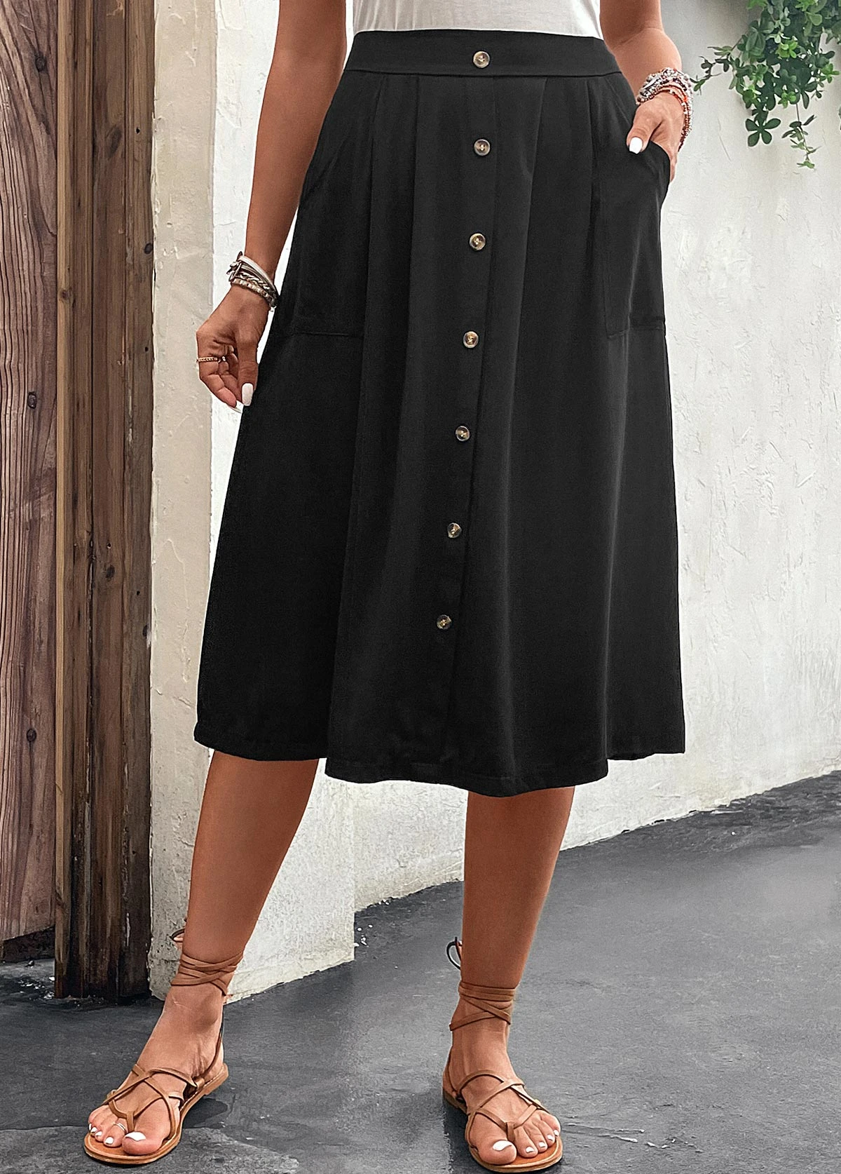 Black Button A Line Elastic Waist Skirt 3 Black Button A Line Elastic Waist Skirt