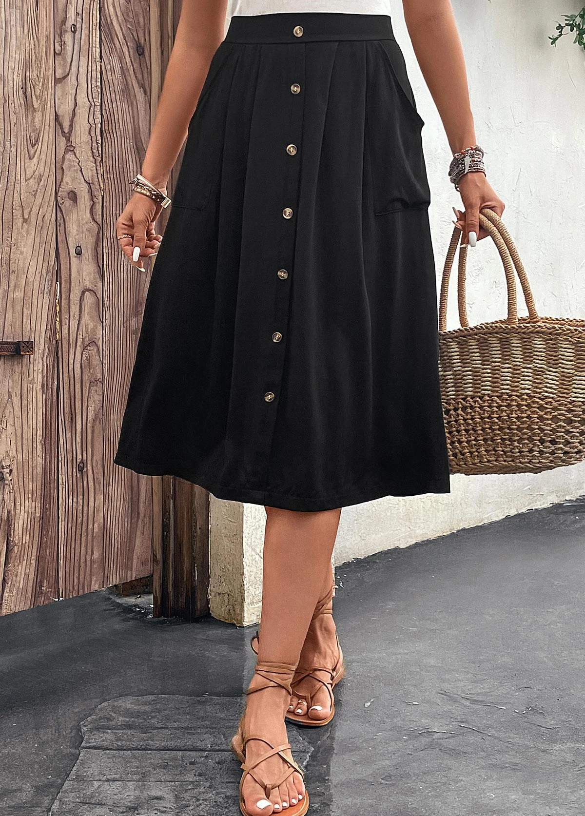 Black Button A Line Elastic Waist Skirt 7 Black Button A Line Elastic Waist Skirt - Image 5