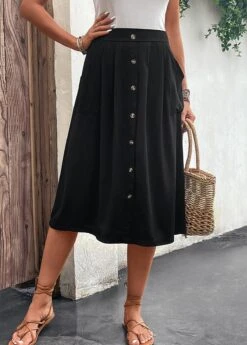 Black Button A Line Elastic Waist Skirt 11 Black Button A Line Elastic Waist Skirt -OLALA Clothing Shop 330291 P 16818064858903