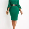Green Three Quarter Length Sleeve Bodycon Dress -OLALA Clothing Shop 330303 P 16812113510270