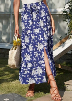 Dark Blue Split Floral Print A Line Skirt -OLALA Clothing Shop 330330 P 1679907714229