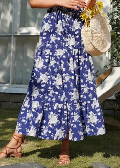 Dark Blue Split Floral Print A Line Skirt -OLALA Clothing Shop 330330 P 1679907714392