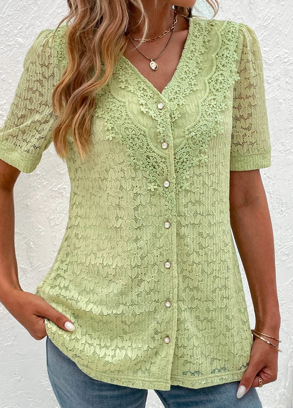 Green Lace Short Sleeve V Neck Blouse 7 Green Lace Short Sleeve V Neck Blouse - Image 5