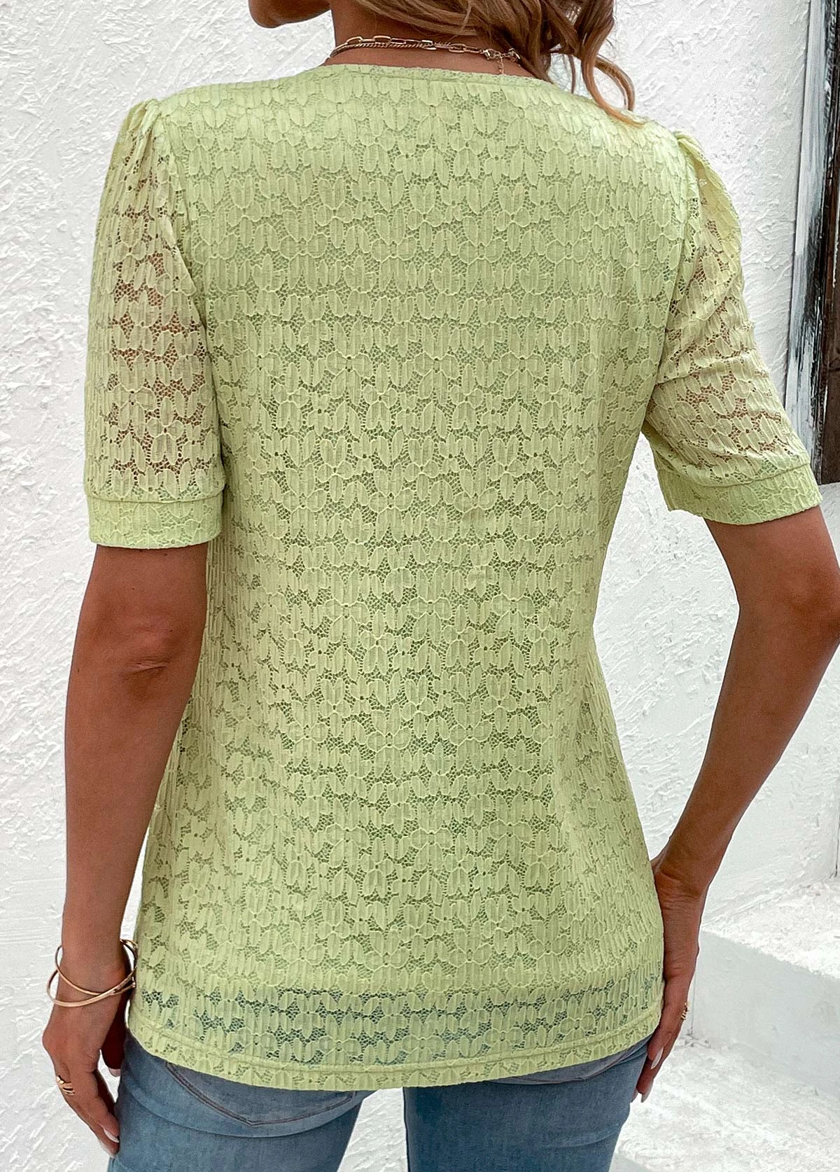 Green Lace Short Sleeve V Neck Blouse 4 Green Lace Short Sleeve V Neck Blouse - Image 2