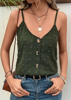 Green Button Strappy V Neck Camisole Top -OLALA Clothing Shop 330554 P 16831927229453