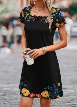 Black Patchwork Floral Print Shift Dress -OLALA Clothing Shop 330828 P 16835416056705