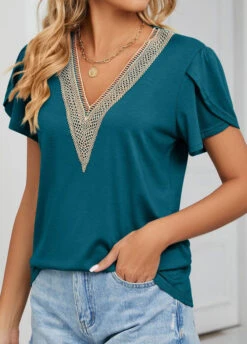 Blackish Green Patchwork Short Sleeve T Shirt 8 Blackish Green Patchwork Short Sleeve T Shirt -OLALA Clothing Shop 330974 P 1680573324241