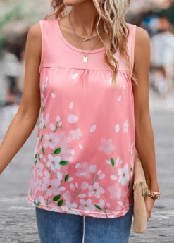 Pink Ruched Floral Print Tank Top -OLALA Clothing Shop 331148 P 16833404220433