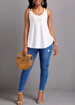 White Breathable Strappy Scoop Neck Camisole Top -OLALA Clothing Shop 331460 P 16824235886684
