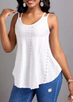 White Breathable Strappy Scoop Neck Camisole Top -OLALA Clothing Shop 331460 P 16824235887452