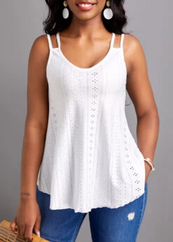 White Breathable Strappy Scoop Neck Camisole Top -OLALA Clothing Shop 331460 P 16824235887613