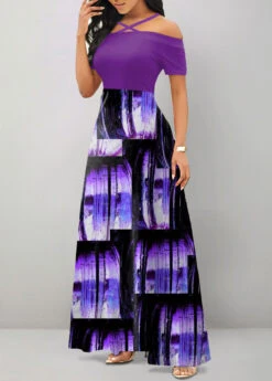 Purple Criss Cross Ombre Short Sleeve Maxi Dress -OLALA Clothing Shop 331571 P 1683797259956