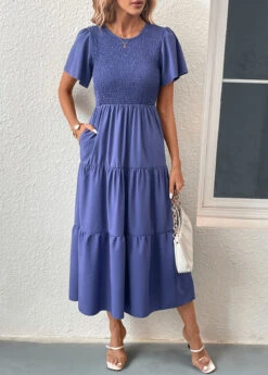 Blue Smocked Short Sleeve Round Neck Dress -OLALA Clothing Shop 331696 P 16831817474503