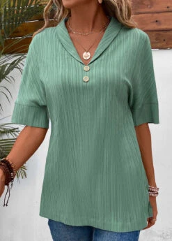 Sage Green Button Short Sleeve Blouse -OLALA Clothing Shop 331869 P 16854384734014