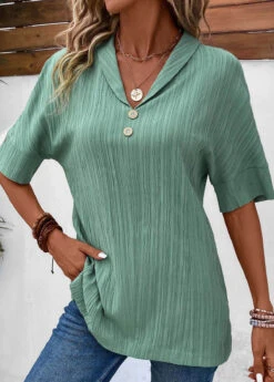 Sage Green Button Short Sleeve Blouse -OLALA Clothing Shop 331869 P 16854384738593