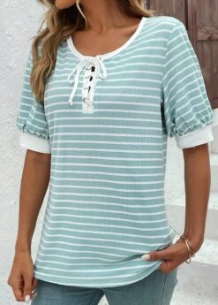 Mint Green Lace Up Short Sleeve T Shirt -OLALA Clothing Shop 331884 P 16849787337972