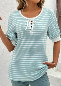 Mint Green Lace Up Short Sleeve T Shirt -OLALA Clothing Shop 331884 P 16849787343003