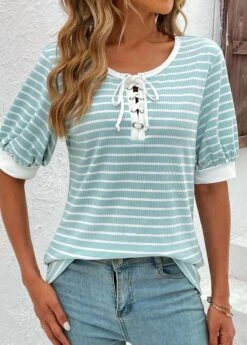 Mint Green Lace Up Short Sleeve T Shirt -OLALA Clothing Shop 331884 P 16849787343865