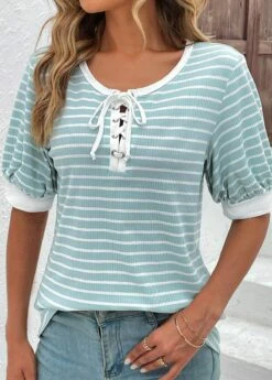 Mint Green Lace Up Short Sleeve T Shirt -OLALA Clothing Shop 331884 P 16849787344884