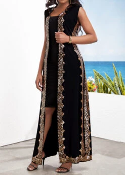 Black Sequin Two Piece Suit Sleeveless Maxi Dress And Cardigan -OLALA Clothing Shop 332075 P 16849788146032