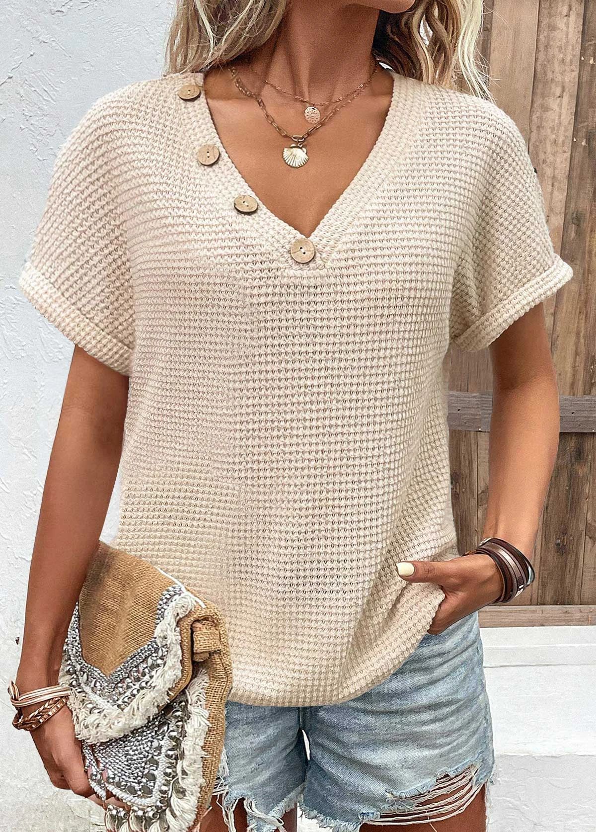 Beige Button Short Sleeve V Neck T Shirt 3 Beige Button Short Sleeve V Neck T Shirt