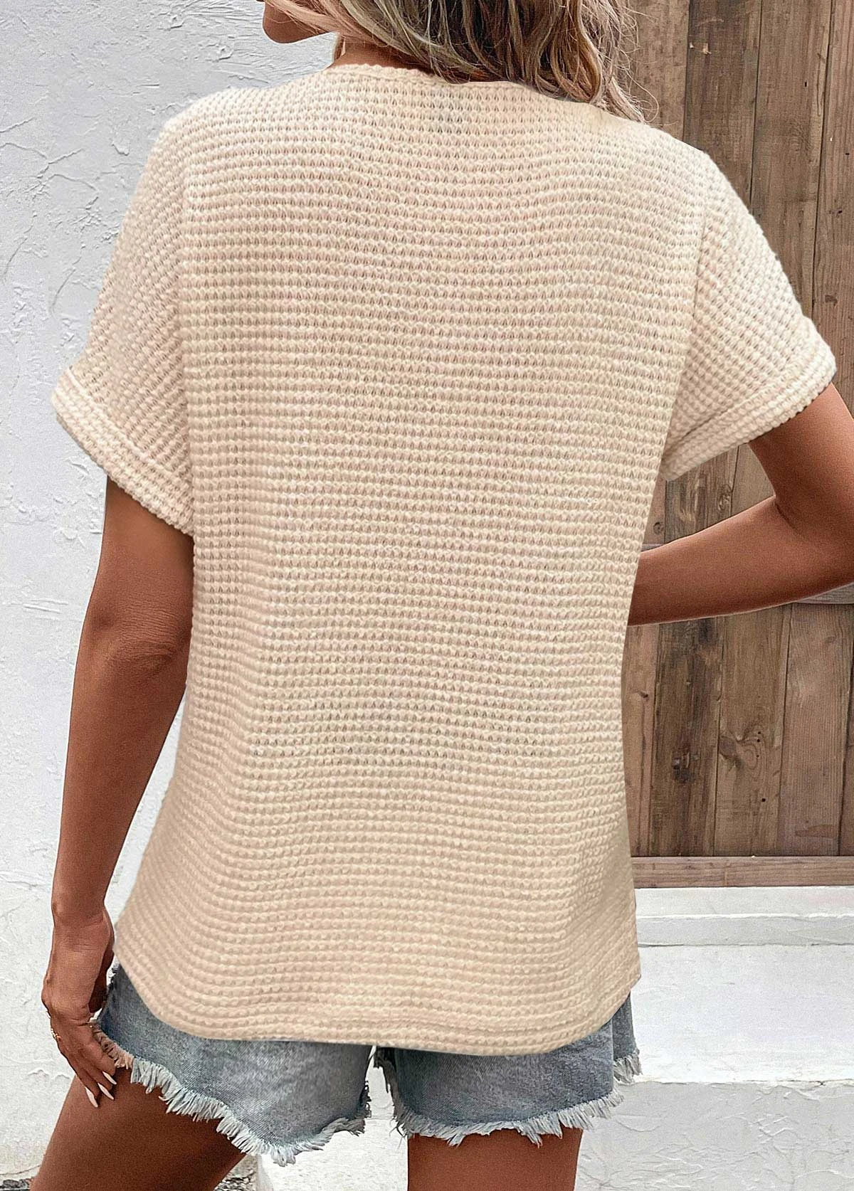 Beige Button Short Sleeve V Neck T Shirt 4 Beige Button Short Sleeve V Neck T Shirt - Image 2