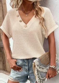 Beige Button Short Sleeve V Neck T Shirt 7 Beige Button Short Sleeve V Neck T Shirt -OLALA Clothing Shop 332191 P 1683273824204