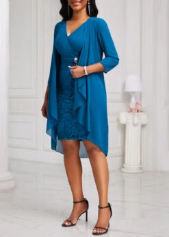 Peacock Blue Lace Two-Piece Dress And Cardigan -OLALA Clothing Shop 332456 P 16866559520602