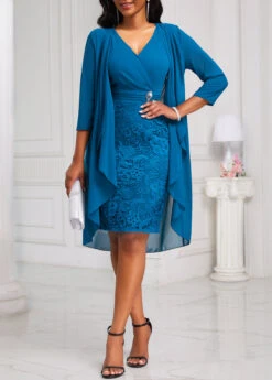 Peacock Blue Lace Two-Piece Dress And Cardigan -OLALA Clothing Shop 332456 P 16866559529453