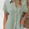 Sage Green Pocket Short Sleeve Shirt Collar Blouse -OLALA Clothing Shop 332525 P 1682232807333