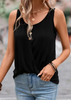 Black Button Lightweight Scoop Neck Tank Top -OLALA Clothing Shop 332663 P 16843957298424