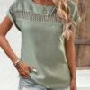 Sage Green Patchwork Short Sleeve Boat Neck Blouse -OLALA Clothing Shop 332698 P 1682415792372