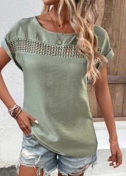 Sage Green Patchwork Short Sleeve Boat Neck Blouse -OLALA Clothing Shop 332698 P 1682415794904