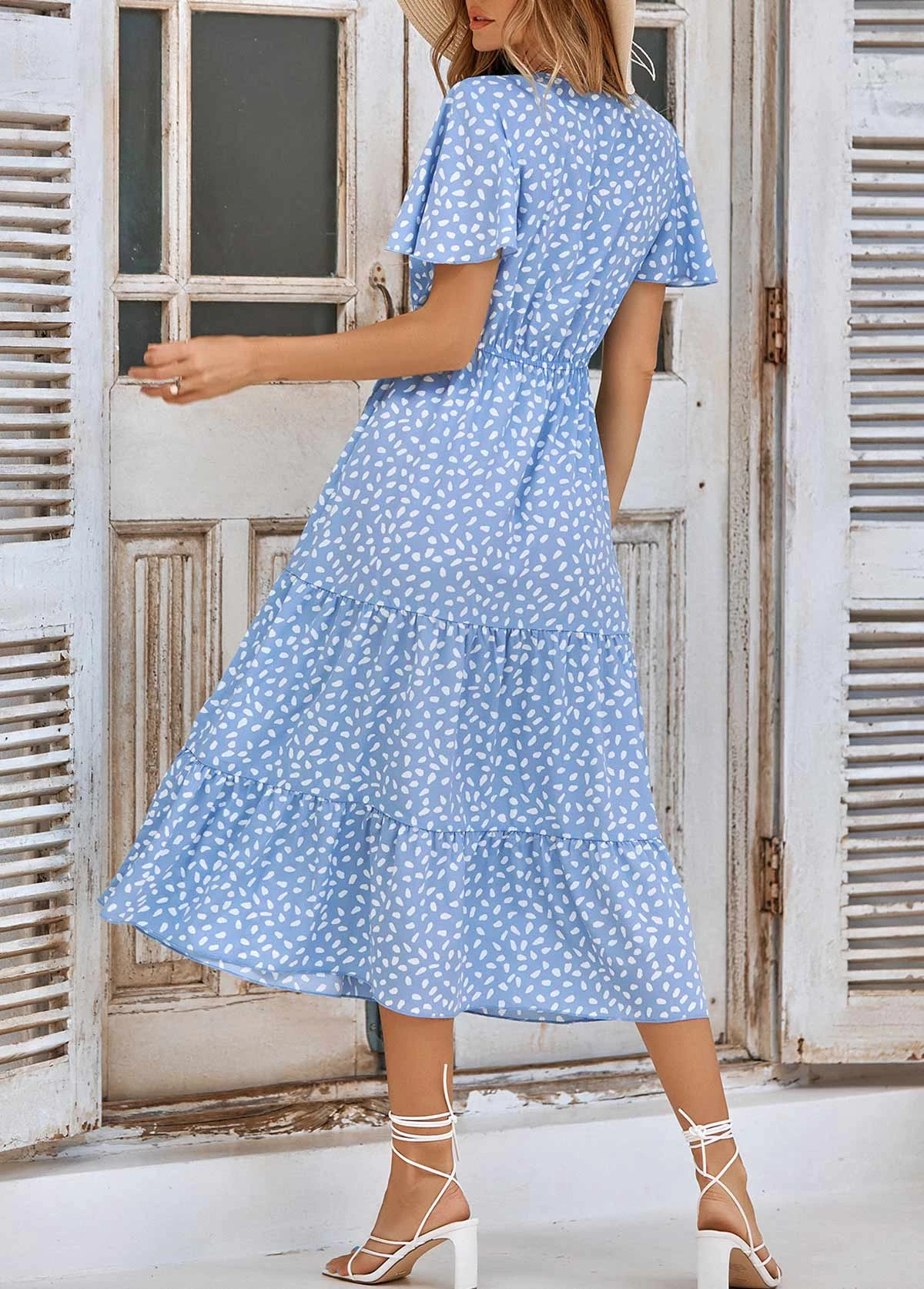 Light Blue Ruched Leaf Print Short Sleeve Dress 4 Light Blue Ruched Leaf Print Short Sleeve Dress - Image 2