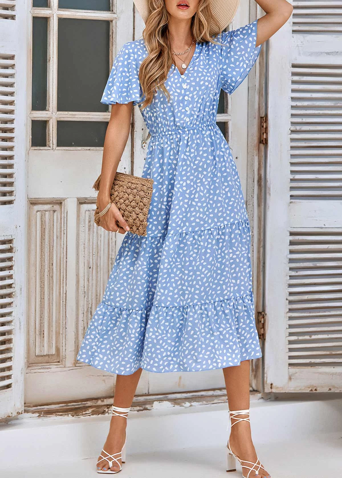 Light Blue Ruched Leaf Print Short Sleeve Dress 3 Light Blue Ruched Leaf Print Short Sleeve Dress