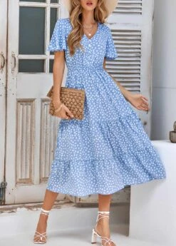 Light Blue Ruched Leaf Print Short Sleeve Dress 7 Light Blue Ruched Leaf Print Short Sleeve Dress -OLALA Clothing Shop 332707 P 1682401351960