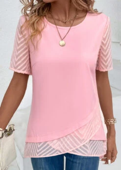 Pink Cross Hem Short Sleeve T Shirt -OLALA Clothing Shop 332969 P 16868157844242