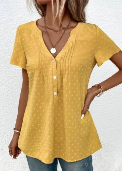 Light Yellow Jacquard Short Sleeve V Neck Blouse -OLALA Clothing Shop 333042 P 16866398822403