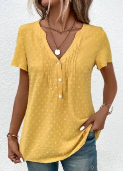 Light Yellow Jacquard Short Sleeve V Neck Blouse -OLALA Clothing Shop 333042 P 16866398824562