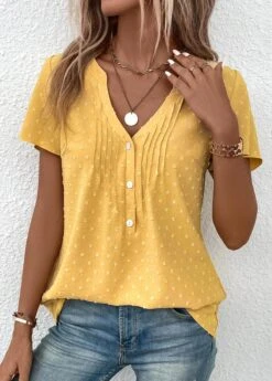 Light Yellow Jacquard Short Sleeve V Neck Blouse -OLALA Clothing Shop 333042 P 16866398827455
