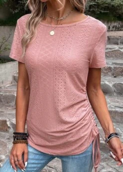 Pink Drawstring Short Sleeve Round Neck T Shirt -OLALA Clothing Shop 333079 P 16848398280592