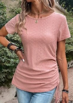 Pink Drawstring Short Sleeve Round Neck T Shirt -OLALA Clothing Shop 333079 P 16848398284035