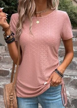 Pink Drawstring Short Sleeve Round Neck T Shirt -OLALA Clothing Shop 333079 P 16848398288464